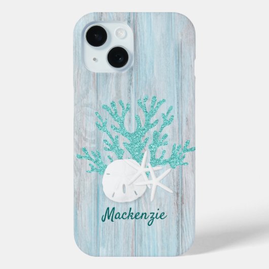 Beach Coastal Wood Aqua Glitter Custom Case-Mate iPhone Case (Achterkant)