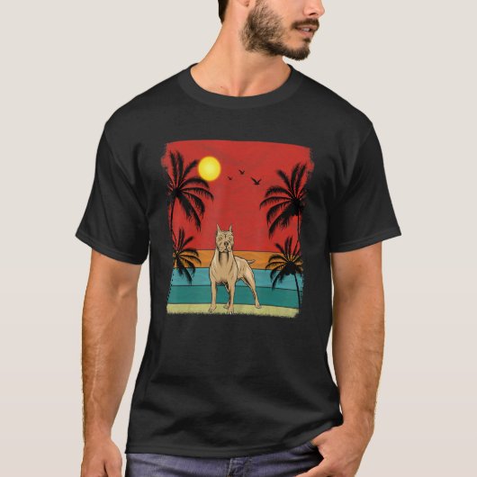 Beach Coconut Tree Retro Graphic Pitbull Dog Sum T-shirt (Voorkant)