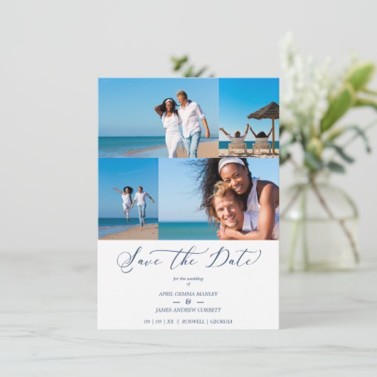 Beach Collage 4 Photos Modern Couple Wedding Save The Date (Staand voorkant)