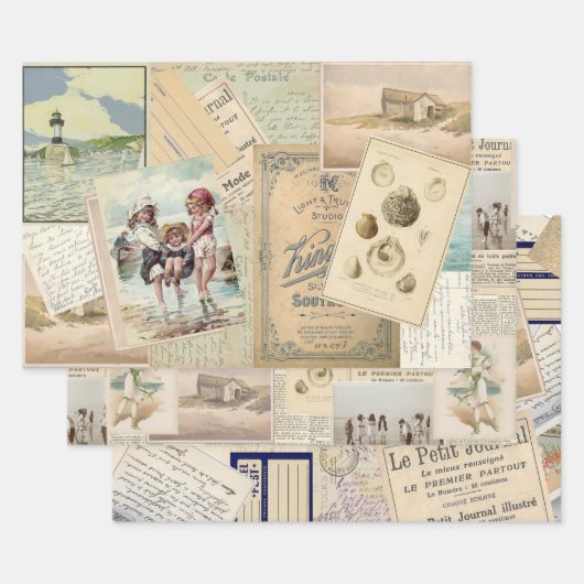 Beach Collage French  Seaside Briefkaart Inpakpapier Vel (Set)
