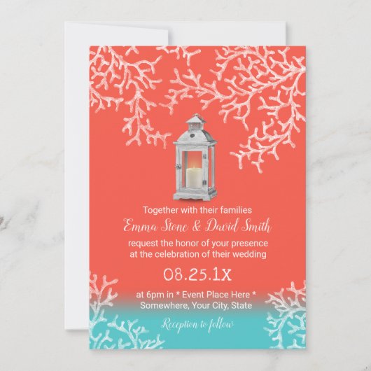 Beach Coral Reef & Rustic Lantern Wedding Kaart (Voorkant)