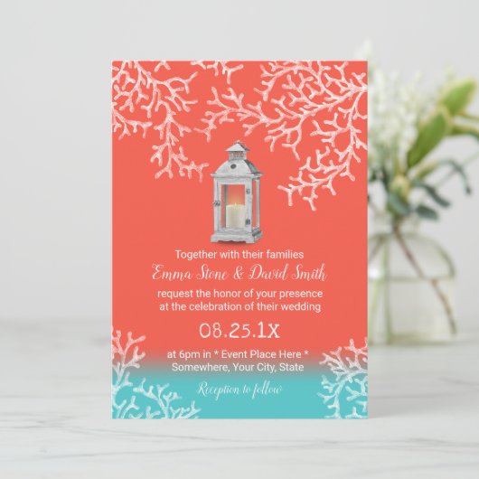 Beach Coral Reef & Rustic Lantern Wedding Kaart (Staand voorkant)