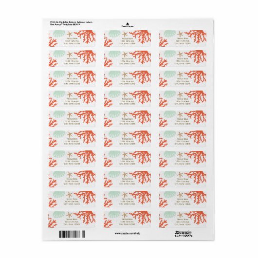 Beach Coral Reef Zee Shell Zeesterren Adresetikett Etiket (Full Sheet)