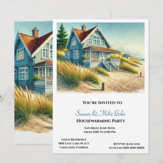 Beach Cottage Housewarming Party Uitnodiging (Voorkant / Achterkant)