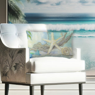 Beach Cottage White Aqua Blue Seashell n Zee Glass Kussen