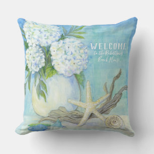Beach Cottage White Hydrangea Seashell n Zee Glass Kussen
