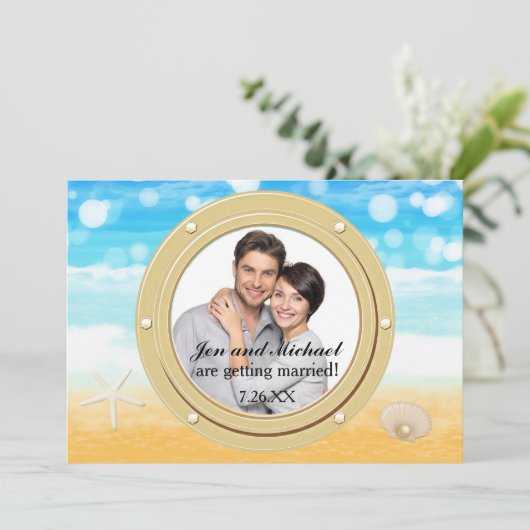 Beach Cruise Shell bruiloft haven foto uitnodiging (Staand voorkant)
