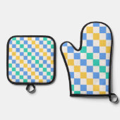 Beach day diagonal checkerboard pattern ovenwant & pannenlap set (Voorkant)