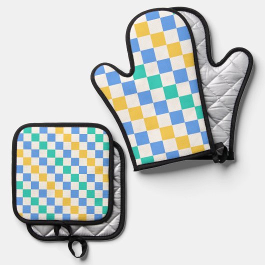 Beach day diagonal checkerboard pattern ovenwant & pannenlap set (Voorkant / Achterkant)
