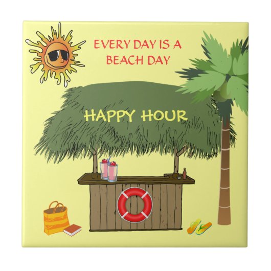 BEACH DAYS Tiki Hut Bar Tropical Happy Hour Funny Tegeltje (Voorkant)