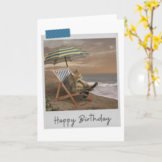 Beach Deckstoel Cat Funny Birthday Card Kaart (Gele Bloem)