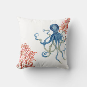 Beach Decor Red Fan Coral Blue Octopus Waterverf Kussen