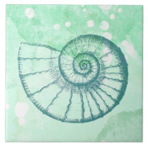 Beach Decor Spiral Seashell Blue Waterverf
