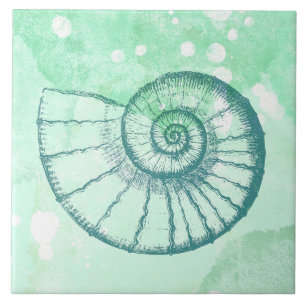 Beach Decor Spiral Seashell Blue Waterverf Tegeltje