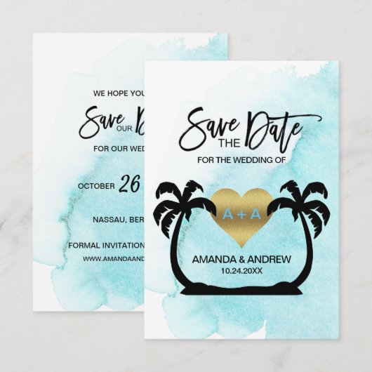 BEACH Destination Aqua Palms Wedding SAVE THE DATE Aankondiging (Voorkant / Achterkant)