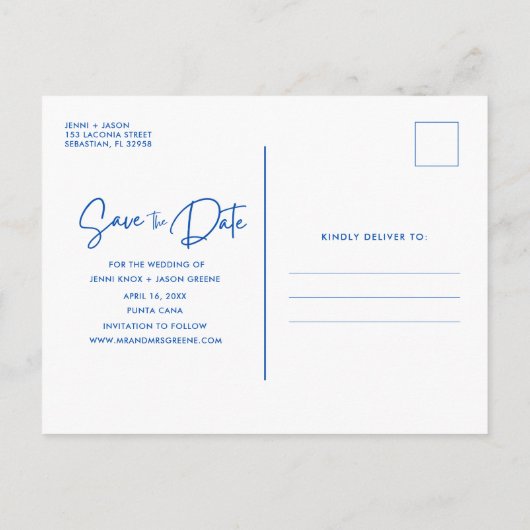 Beach Destination Blue Wedding Save the Date Aankondigingskaart (Achterkant)