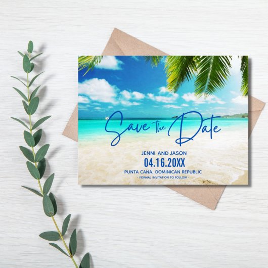 Beach Destination Blue Wedding Save the Date Aankondigingskaart