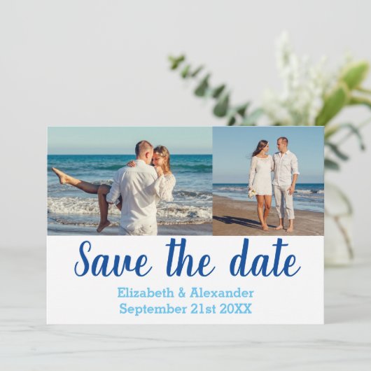 Beach Destination Photo Collage Save the Date Card Kaart (Staand voorkant)
