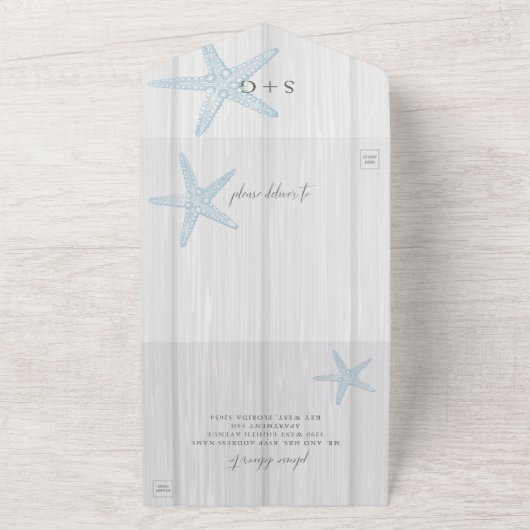 Beach Destination Rustic Starfish Wedding All In One Uitnodiging (Buitenkant)