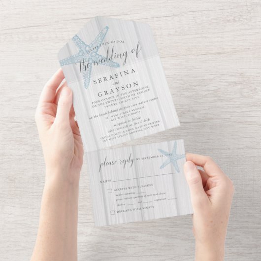 Beach Destination Rustic Starfish Wedding All In One Uitnodiging (Afscheurbaar)