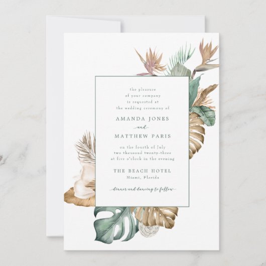 Beach Destination Tropical Leaf Floral Wedding Kaart (Voorkant)