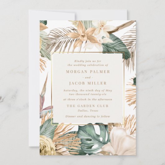 Beach Destination Tropical Leaf Wedding Kaart (Voorkant)