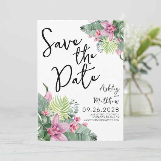 Beach Destination Tropical Wedding Save The Date (Staand voorkant)