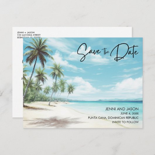 Beach Destination Wedding Save the Date Aankondigingskaart (Voorkant / Achterkant)