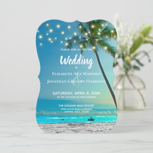 Beach Destination Wedding String Lights Kaart (Staand voorkant)