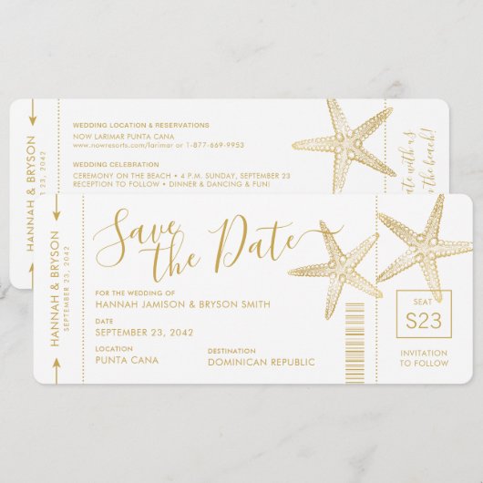 Beach Destination Weduwfish Boarding Pass Save The Date (Voorkant / Achterkant)