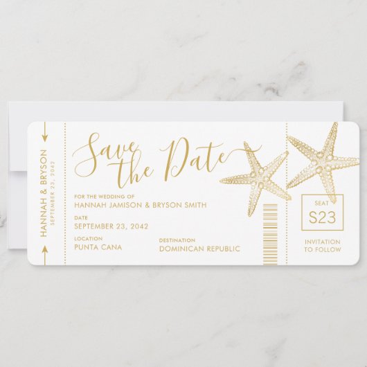 Beach Destination Weduwfish Boarding Pass Save The Date (Voorkant)