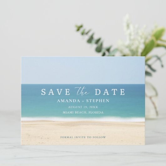 Beach Destination Weduwfoto Save the Date (Staand voorkant)