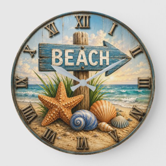 Beach Direction Sign Coastal Beach House Nautical Grote Klok (Voorkant)