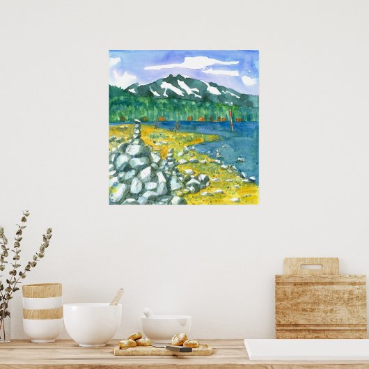 Beach Dog Walking Mountain Lake Zen Rock Cairn Poster (Keuken)
