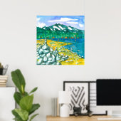 Beach Dog Walking Mountain Lake Zen Rock Cairn Poster (Thuiskantoor)