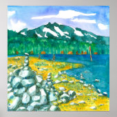Beach Dog Walking Mountain Lake Zen Rock Cairn Poster (Voorkant)