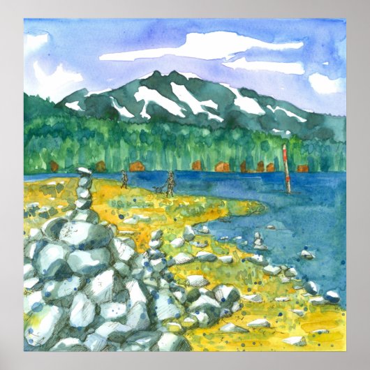 Beach Dog Walking Mountain Lake Zen Rock Cairn Poster (Voorkant)