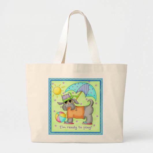 Beach Dog Whimsy Art Green Blue Grote Tote Bag (Voorkant)