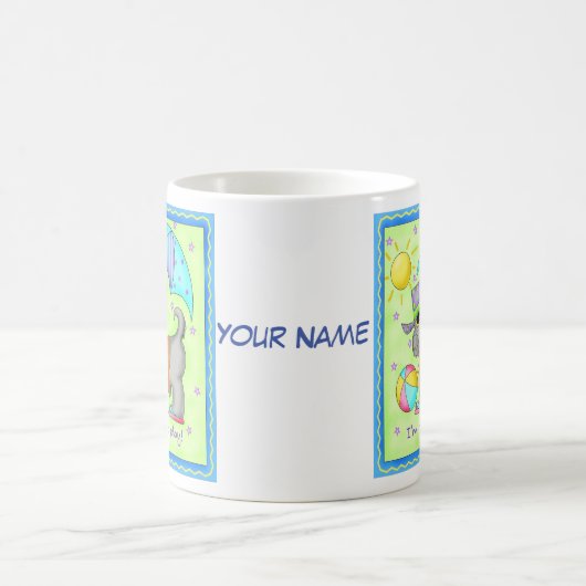 Beach Dog Whimsy Art Green Blue Name personalisere Koffiemok (Center)