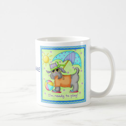 Beach Dog Whimsy Art Green Blue Name personalisere Koffiemok (Rechts)
