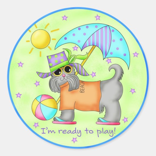 Beach Dog Whimsy Art Green Blue Ronde Sticker (Voorkant)