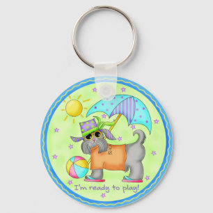 Beach Dog Whimsy Art Green Blue Sleutelhanger