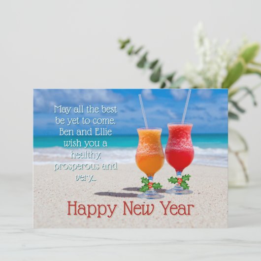 Beach Drinks Happy New Year Message Cards Kaart (Staand voorkant)