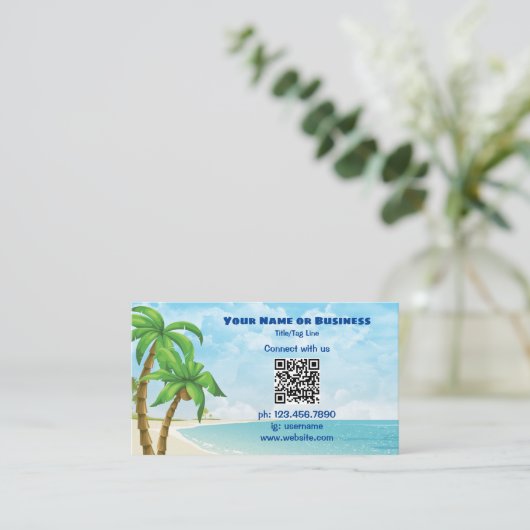 Beach en Palm Trees | QR-code Tropisch Visitekaartje (Staand voorkant)
