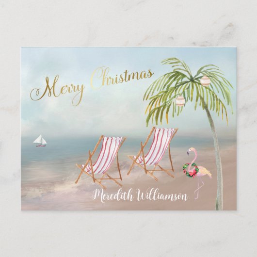Beach Flamingo Merry kerstbudget Briefkaart (Voorkant)