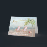 Beach Flamingo Wreater Unique Kerstmis Kaart<br><div class="desc">Vrolijk kerstfeest op deze mooie Waterverf Beach — vreedzaam en zacht tafereel met twee strandstoelen — vriendelijke flamingo met mooie kreet — palmboom met een paar ornamenten. Ook verkrijgbaar in verschillende papiergewichten — uw keuze. Om het even welke ontwerpvragen, verzend enkel een e-mail naar charmdesignstudio@rcn.com en wij zullen zeer verheugd...</div>