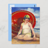 Beach Flapper Girl Briefkaart Asian Umbrella Cloch (Voorkant / Achterkant)