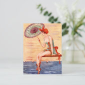 Beach Flapper Girl Briefkaart Swim Umbrella Cloche (Staand voorkant)