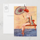 Beach Flapper Girl Briefkaart Swim Umbrella Cloche (Voorkant / Achterkant)