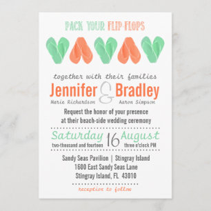 Beach Flip Flop Hearts Turquoise and Coral Wedding Kaart